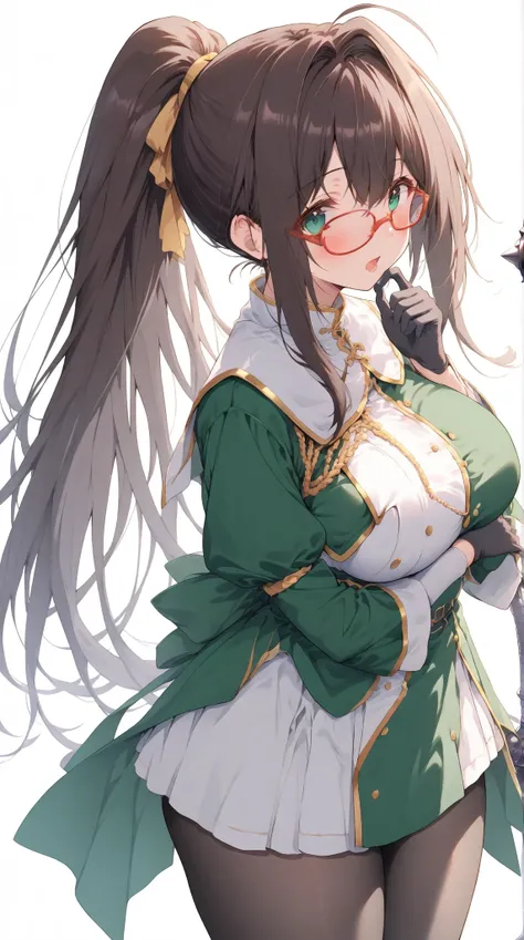 solo,  girl, (Intake Hair:1.6),  [ dark brown hair:1.4],  ( ponytail hair:1.6),   black pantyhose,   red framed glasses  ,   big breasts, Thick thighs,  opens her mouth slightly and laughs,   green eyes with highlights ,  ( white background),   Masterpiece...