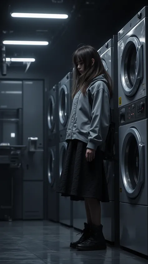  A lonely girl in a laundry，Standing next to a washing machine ，帶有futuristic和昏暗燈光。 created by Tuomas Korpi 、futuristic、digital painting。