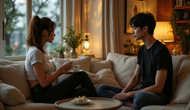 "Cozy living room with a woman,wearing black leggings and a tight white t-shirt serving tea to a young male student, lee min ho,age 19,wearing a black t-shirt, jeans. The room is well decorated, with soft lighting and comfortable furniture. The woman's hai...