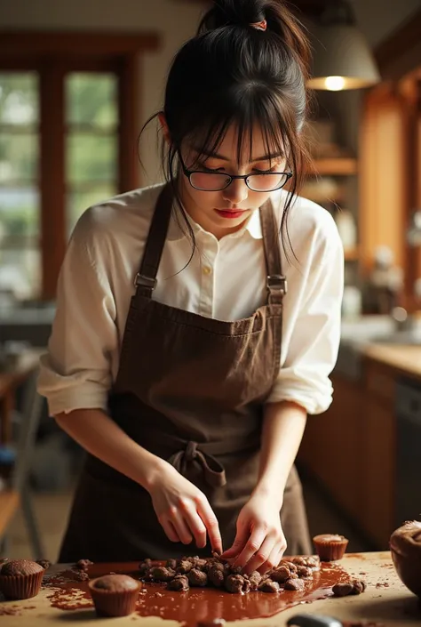 (( highest quality)), ((傑 highest quality、 Masterpiece、High sensitivity、 Hi-Res、 detailed depiction of up to the front door、 depicting a delicate face ))Slender Woman、Glasses、 valentine's day、Handmade chocolate、 kitchen、 wearing an apron、 melted chocolate ...