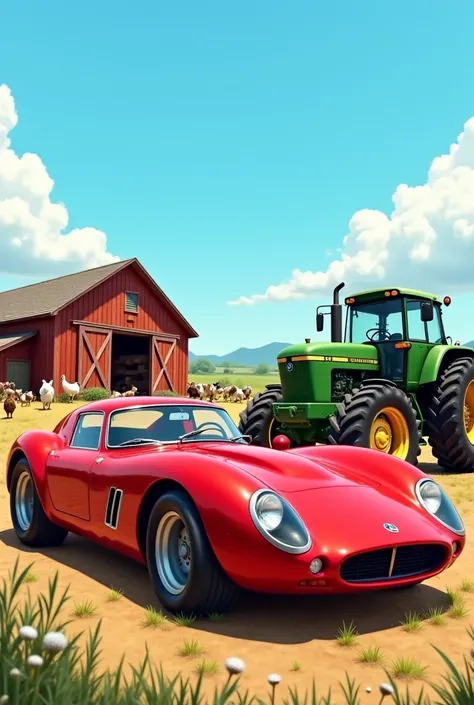 A bright red sports car with sleek curves and a shiny exterior faces an old, rugged green tractor in a farmyard. The sports car looks arrogant, while the tractor looks amused but confident. A wooden barn and farm animals (chickens, cows, and a dog) watch i...