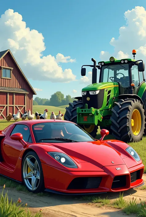 A bright red sports car with sleek curves and a shiny exterior faces an old, rugged green tractor in a farmyard. The sports car looks arrogant, while the tractor looks amused but confident. A wooden barn and farm animals (chickens, cows, and a dog) watch i...