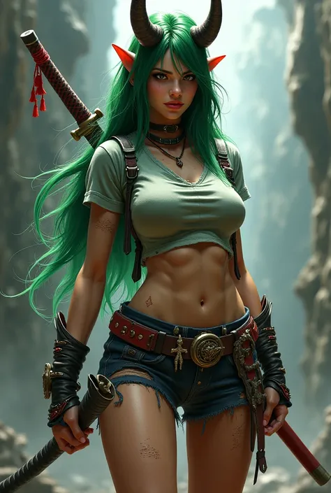 Oni female , long green hair, toned muscles ,  with katana on her back ,  strap with strange artifacts at the waist ,  torn shorts and destroyed t-shirt, Normal ears , big breasts and small horns 