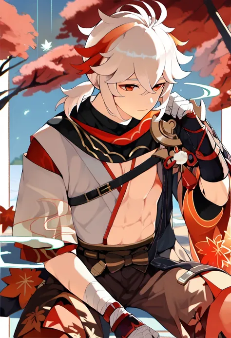 Genshin Impact Kaedehara Kazuha, shirtless, showing off his chest and abdominal muscles (slim figure), sitting under a red maple tree