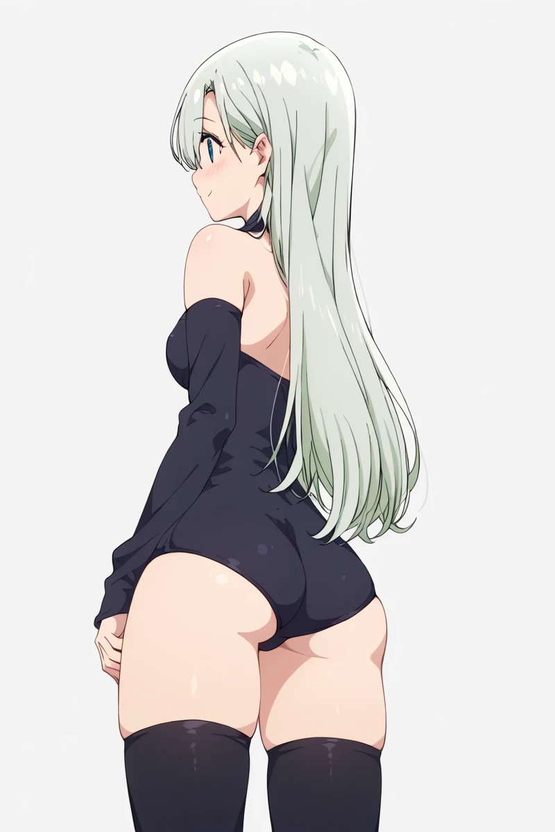 simple background, nsfw, 1girl, elizabeth liones, solo, hair over one eye, silver hair, long hair, blue eyes, blush, smile, closed mouth,  hip, ass, from behind, wearing black leotard, bare shoulders, detached sleeves, black thighhighs, legwear, black slee...