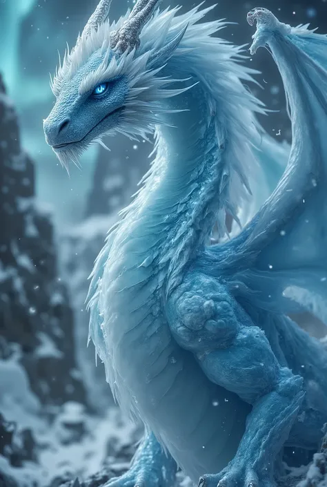 "A majestic ice dragon stands tall on a frozen mountain peak, its entire body sculpted from shimmering blue crystal ice. Its wings, semi-transparent like frost-covered glass, spread wide, reflecting the soft glow of the aurora borealis above. The dragon's ...