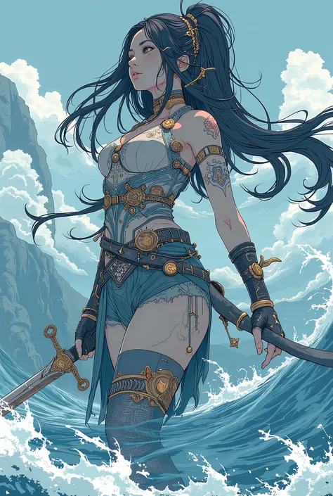  anime-style image of a woman holding a sword at the edge of the waves, Moderate bust ,  PIXIV CONTEST WINNERS,  fantasy art , Sword — Water  ,  Beautiful Full Body Concept Art ,  Anime Characters; Full Body Art, Water element,  Blue Water Anime Wallpaper ...