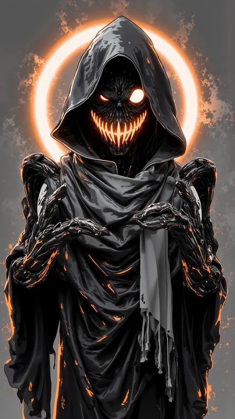  Detailed cartoon sketch ， Features dark ghost wearing extreme head scarf 。 Ghost with sickening top cover smile and creepy eyes God is Shrouded in Darkness。 style is super detailed ， with bright neon accents ，Gray and white tones ， and translucent orange ...