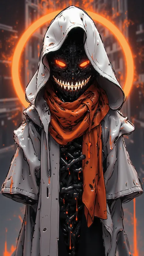  Detailed cartoon sketch ， Features dark ghost wearing extreme head scarf 。 Ghost with sickening top cover smile and creepy eyes God is Shrouded in Darkness。 style is super detailed ， with bright neon accents ，Gray and white tones ， and translucent orange ...