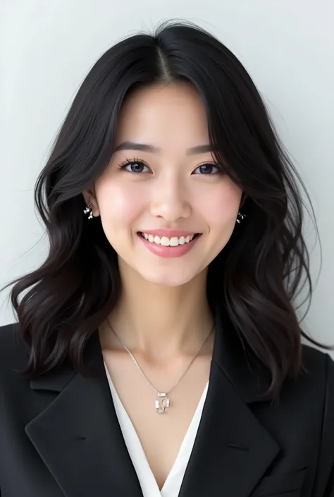 Beautiful Japanese Woman 、、 She is wearing an office lady suit、濃いeyeshadow 、Hairstyle medium long、wavy hair 、 black hair、ear piercing、 smile showing teeth、 necklace、 white backgr
SeaArt
