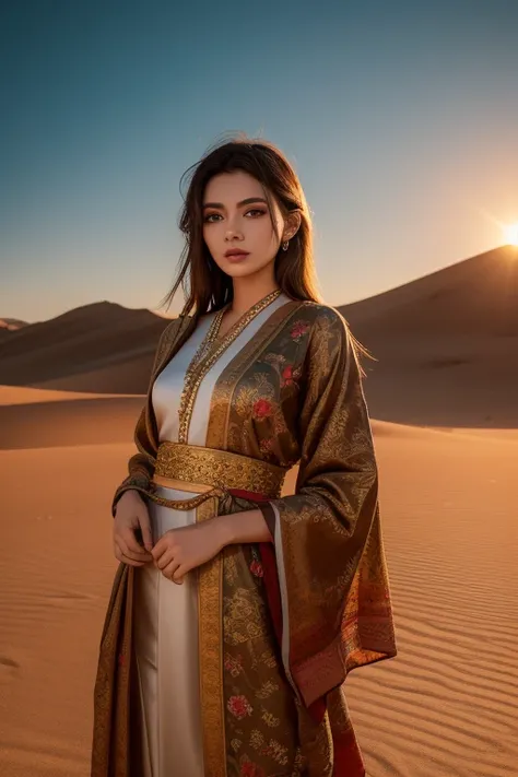 An exotic beauty dressed in a flowing, ornate silk robe with intricate golden embroidery. She stands in the middle of a vast desert market, surrounded by colorful fabrics and spices. Her dark eyes shine under the warm sunset, evoking a sense of adventure a...