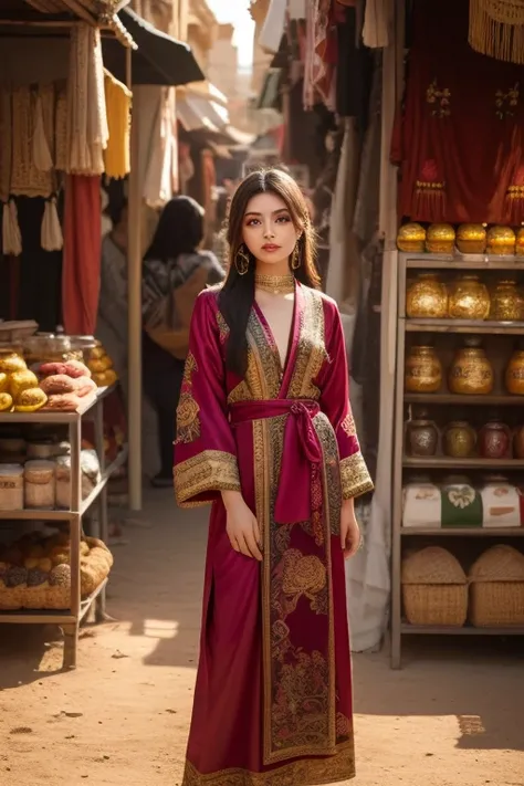 An exotic beauty dressed in a flowing, ornate silk robe with intricate golden embroidery. She stands in the middle of a vast desert market, surrounded by colorful fabrics and spices. Her dark eyes shine under the warm sunset, evoking a sense of adventure a...