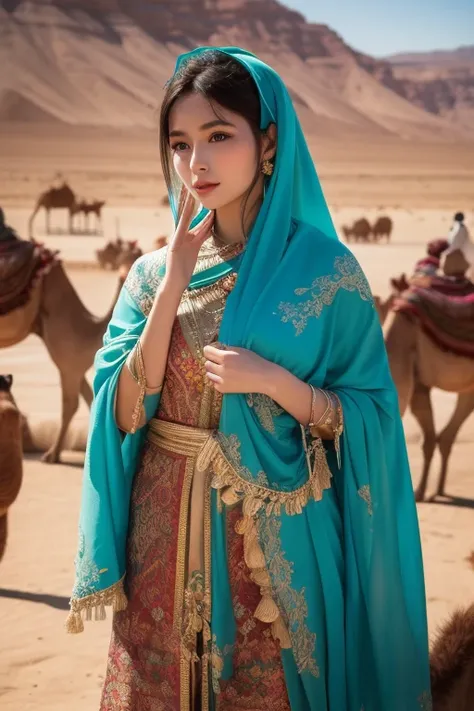 traveling along the Silk Road。A mysterious beauty wearing a turquoise veil、wearing a gorgeous embroidered outfit。A desert oasis and a herd of camels in the background、An exotic mood。"