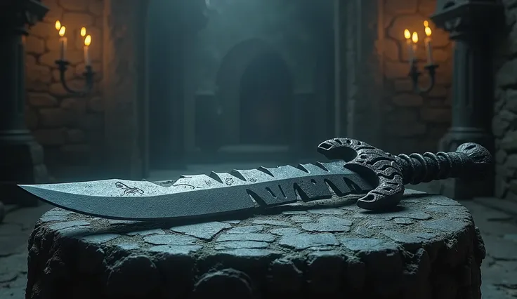 Create a high-resolution, highly detailed image of a Nazgûl blade, a dark and sinister weapon wielded by the Ringwraiths. The dagger should feature a wickedly curved blade that appears to absorb light, showcasing ominous, jagged designs etched along its le...