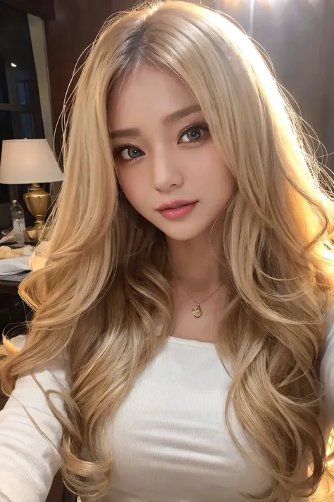  long hair, curly hair ,White Beige Hair Color :1.2,、 tan:1.5, selfie:1.5、maSterpiece、HigheSt quality、非常に精細な8k、、very well detailed な、very well detailed 、とてもrealistic、realistic、JapaneSe、one person&#39;S、High Head Rate、Beautiful realiStic face、realistic face...