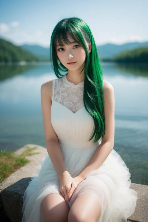  A fantastic woman like the Marimo spirit 。 Clear emerald green eyes and long green hair、 Her fluffy dress shines on the lake surface 。 The background is a beautiful lake in Hokkaido 、Quiet and mysterious atmosphere 。"