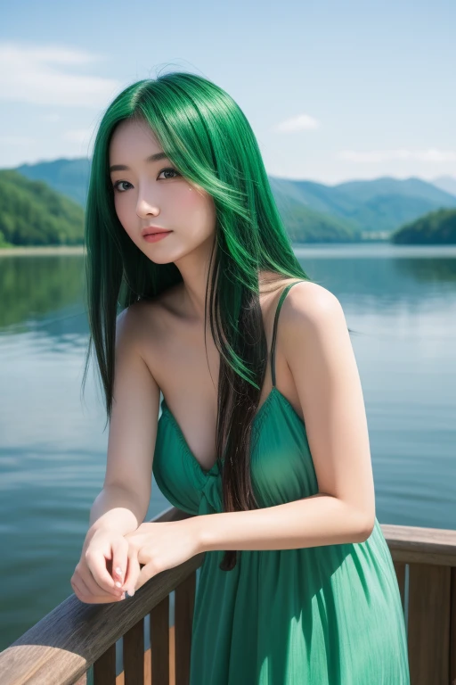  A fantastic woman like the Marimo spirit 。 Clear emerald green eyes and long green hair、 Her fluffy dress shines on the lake surface 。 The background is a beautiful lake in Hokkaido 、Quiet and mysterious atmosphere 。"