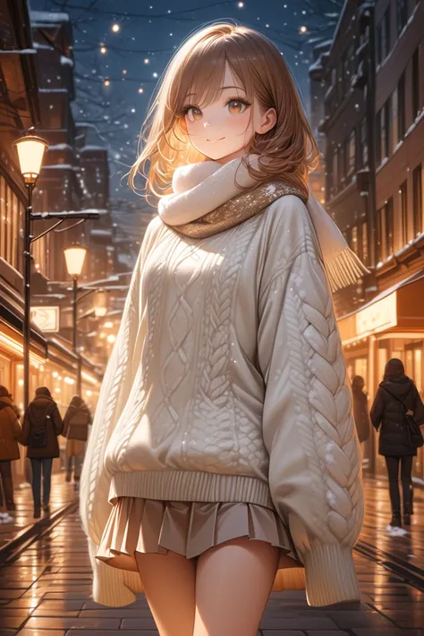  1 girl, masterpiece,  top quality, score_9up , high resolution, high image quality model,  high detail, anatomicaly correct, teenage, 18yo,  "A stylish young girl with long, silky hair and warm brown eyes poses elegantly in a snowy city street at dusk. Sh...