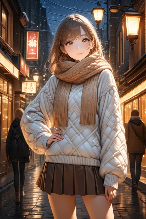  1 girl, masterpiece,  top quality, score_9up , high resolution, high image quality model,  high detail, anatomicaly correct, teenage, 18yo,  "A stylish young girl with long, silky hair and warm brown eyes poses elegantly in a snowy city street at dusk. Sh...