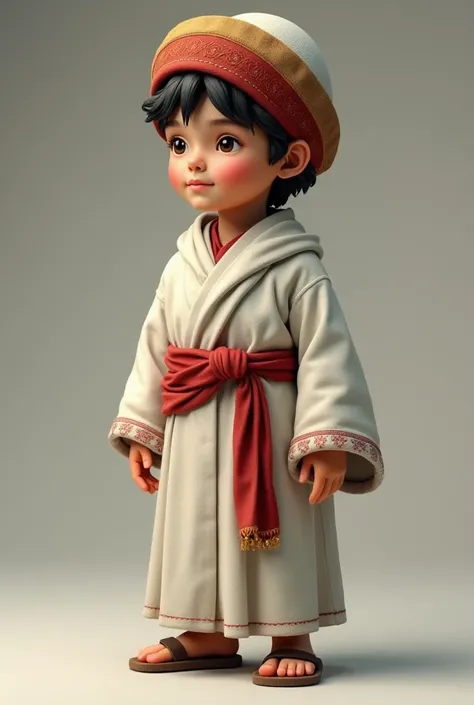 3D collectible figure of a boy wearing a white robe, including a red knotted belt and headband. He is wearing a traditional old Hebrew hat.