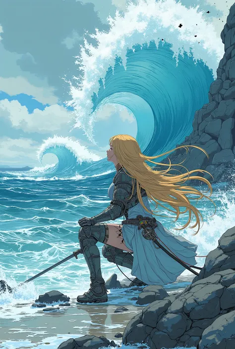  anime-style image of a woman holding a sword at the edge of the waves, Moderate bust ,  PIXIV CONTEST WINNERS,  fantasy art , Sword — Water  ,  Beautiful Full Body Concept Art ,  Anime Characters; Full Body Art, Water element,  Blue Water Anime Wallpaper ...