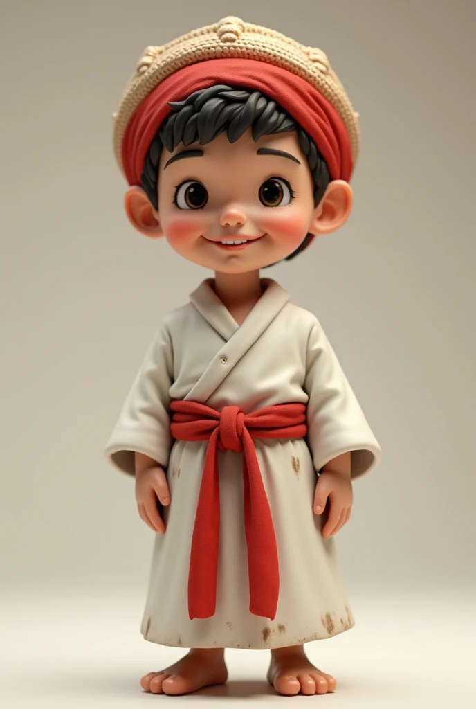 3D collectible cute figure of a boy wearing a white robe, including a red knotted belt and headband. He is wearing a traditional old Hebrew hat.