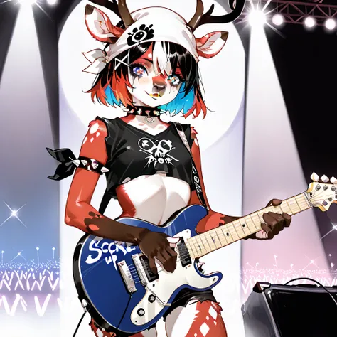  Furry A young female Antro-Olenikha performs with a guitar at a Rock Concert, Furry of the underground female Olenenikha, furry deer,  bright dynamic poses ,  sexy appearance young figure hourglass , spiked collar,  short topic bare chest Holey Shorts you...