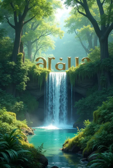 Beautiful forest with a waterfall and a 3D text "SBURA"