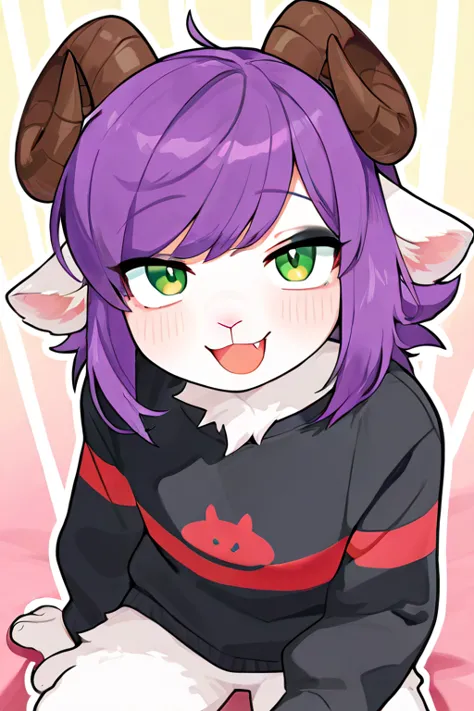  better quality，Hairy，fine fur， green eyes，One，male，全身Hairy， Fluffy fur， purple hair ， white paws ，white fur，red striped，swept-back bangs， boring ，fang，shaded, sheep horns, sheep ears，black eyeshadow，medium-length hair，Hairy雄性， anime style，beautiful， black...