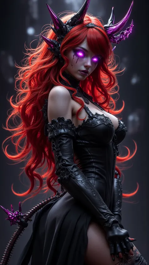 Show the highest quality ， Highly detailed and surreal Stunning masterpiece ， showcases a lifelike depiction of a seductive pixie witch 。  Her fiery red hair ， Glowing purple eyes ， and a plump figure dressed in a devil-themed leather garment。  Witch-summo...