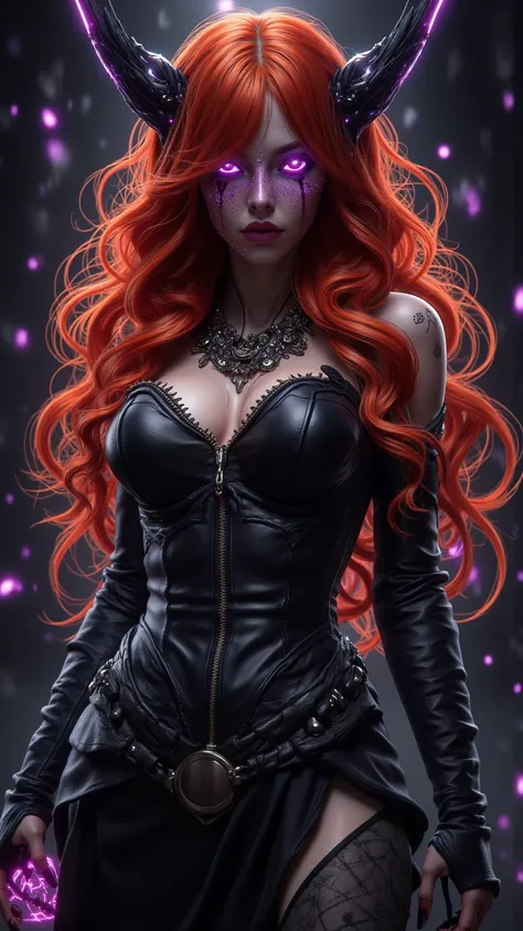 Show the highest quality ， Highly detailed and surreal Stunning masterpiece ， showcases a lifelike depiction of a seductive pixie witch 。  Her fiery red hair ， Glowing purple eyes ， and a plump figure dressed in a devil-themed leather garment。  Witch-summo...