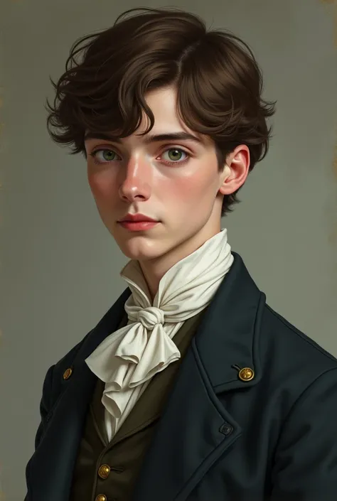  A 17-year-old Victorian boy, moreno,  school clothes, brown hair with bangs  ,  green eyes 