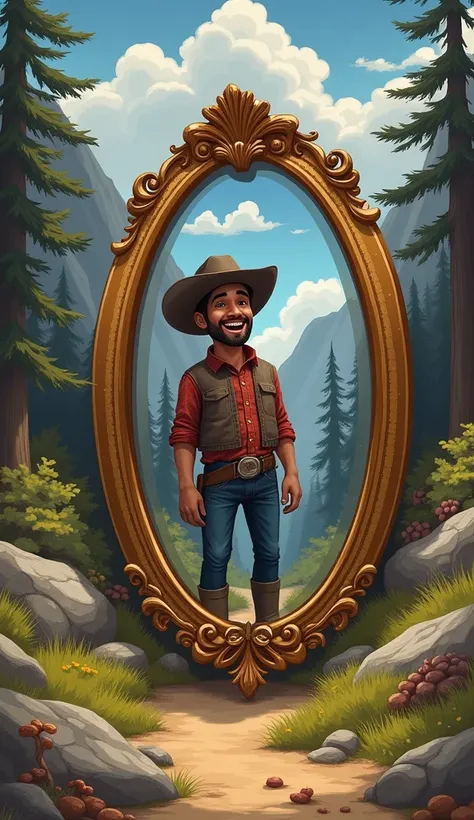 perspective à la première personne, You find a mysterious mirror deep in the Far Western , A  dressed as a cowboy reflected in the mirror. He has a big smile Create a Raphael-style piece of art