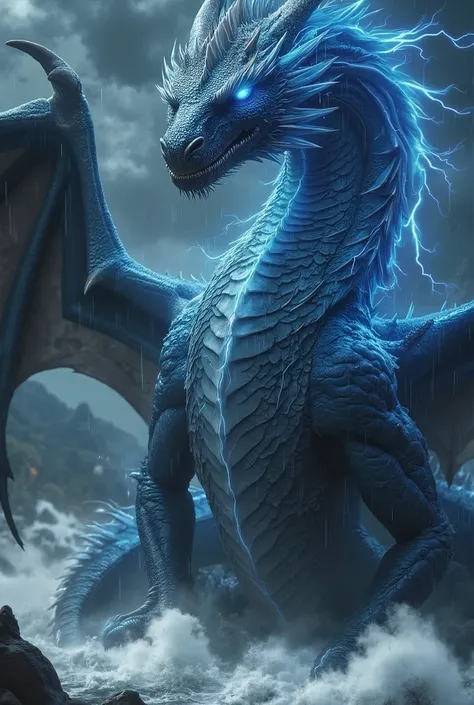 "A colossal thunder dragon emerges from the heart of a raging storm, its obsidian-black scales crackling with veins of electric blue energy. Its eyes glow like miniature lightning storms, flickering with raw power. As it spreads its massive wings, arcs of ...