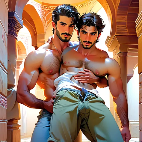 Ancient hammam, cute 30 year old Turkish man, firmly grabbing a second man, Pakistani 20 year old boy, grabbing his body from behind, one hand on the stomach another is in the shorts)), sexy, gay, homoerotic, big bulge, pubic hair popping out of pants, low...