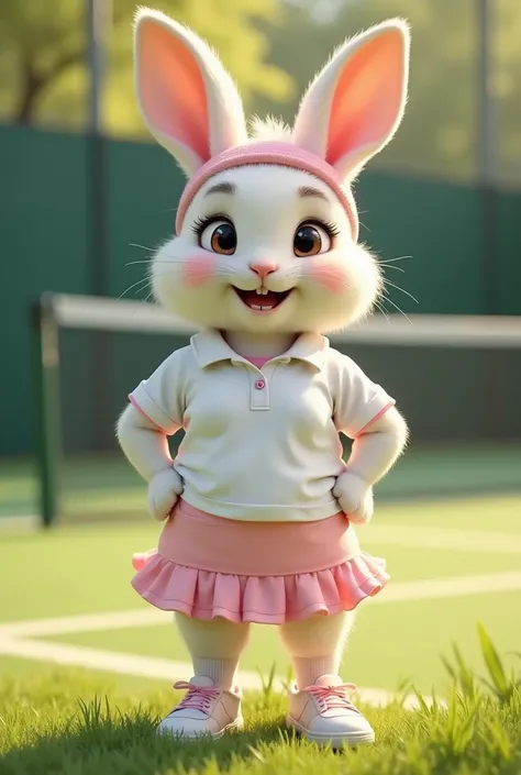 photorealistic portrait of Dressed animals - a ((fat))  baby(peter rabbit) tennis player,(art by Giuseppe Arcimboldo),(happy smile:1.5),(furry),(hands on hips) high quality,(lovely) ,intricate details,  (female tennis wear with collar and frills),( frilled...