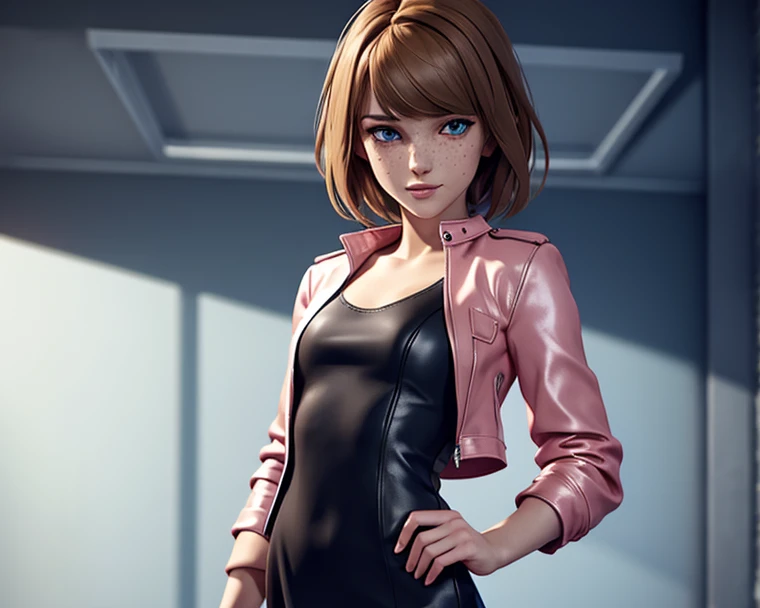 max caulfield posing in a very short dress with a leather jacket over it BREAK (shiny satin pink dress, ultrashort, small lace detail, soft straight fabric, seamless), (black leather jacket over dress) BREAK (slim body, flat chest, small tits) BREAK (ochre...