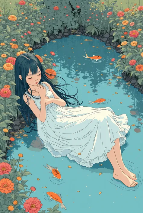 anime girl floating At the pond with a fish and a fish, Moderate bust ,  PIXIV CONTEST WINNERS, conceptual art , Lofi Artstyle, Lofi Art,  Lofi's Album Art , At the pond,  Beautiful Artwork Illustration  ,  Digital Art by {x} Dreamy Psychedelic Anime , Art...