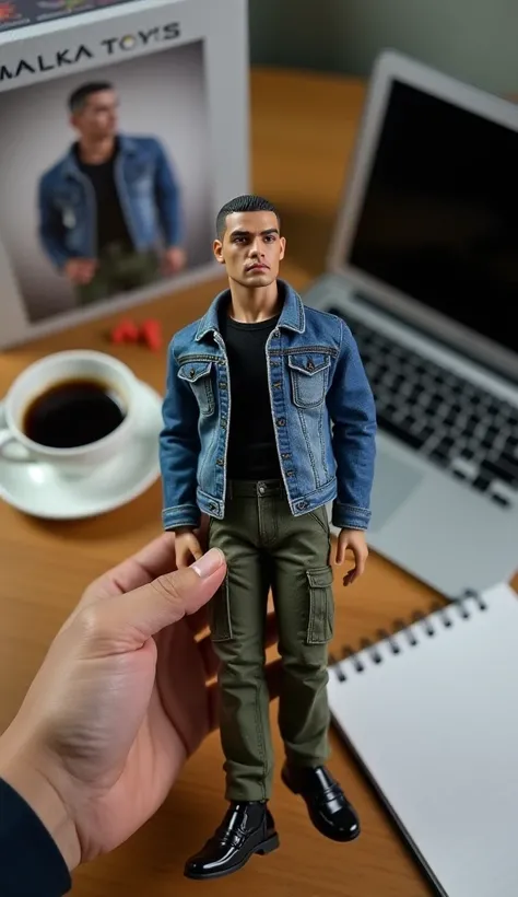 Realistic action figure of an Indonesian man with close-cropped hair, with very accurate facial and clothing details. The figure is wearing a jeans jacket, black shirt and army cargo pants, and is equipped with a pair of loafers. The figure was being held ...