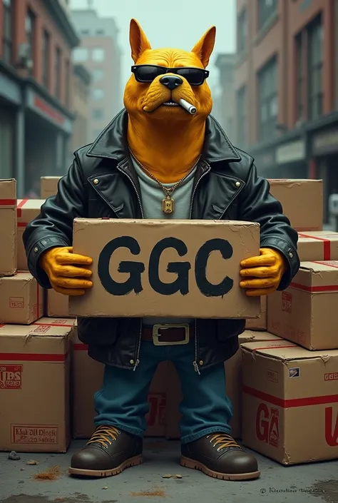 Jake the dog from adventure Time as a gangster smoking a joint holding a sign saying GGC with usps packages around him 