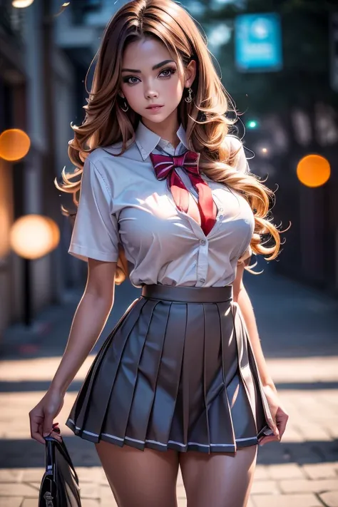 (2girls), Brown hair, Amazing face and eyes, Pink eyes, (hi-school uniform with wide open breasts:1.2), beautiful big breasts, bare breasts, (amazingly beautiful girl), Brown hair, (High School Uniform, Pleated mini-skirt:1.5), ((Best Quality)), (Ultra-det...