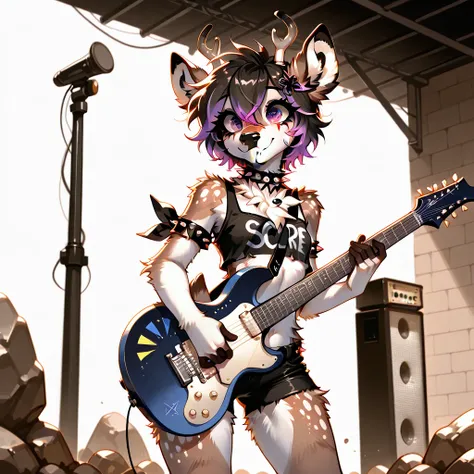  Furry A young female Antro-Olenikha performs with a guitar at a Rock Concert, Furry of the underground female Olenenikha, furry deer,  bright dynamic poses ,  sexy appearance young figure hourglass , spiked collar,  short topic bare chest Holey Shorts you...