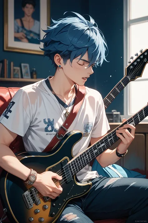 Young man playing electric guitar The color of the electric guitar is blue and the young man's hair color is dark blue