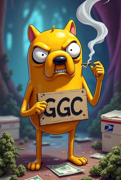 Jake from adventure time smoking a joking holding a sign saying ggc with money weed and usps packages around him 