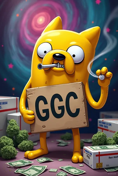 Jake from adventure time smoking a joking holding a sign saying ggc with money weed and usps packages around him 