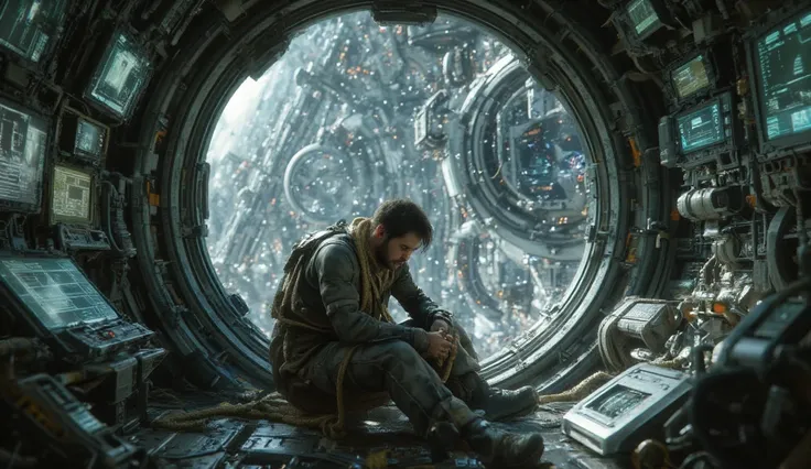 man in a space station with a rope around his neck, depicted as a scifi scene, epic scifi movie still, sitting sad in spaceship, an epic scifi movie still, powerful woman sitting in space, in a scifi movie, new scifi movie, from star trek 2021, dramatic sc...