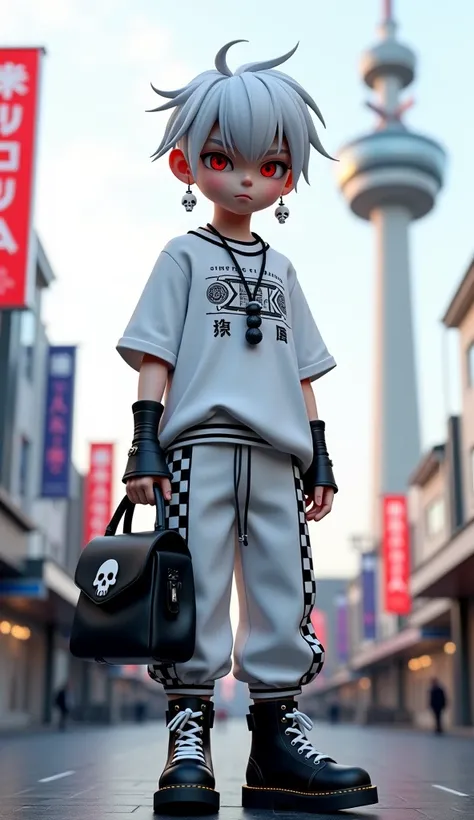 3D animation, Gothic style,  boy, white hair, red eyes, white skull drop earrings, white long-sleeved t-shirt, t-shirt with English words and geometric patterns on the chest, loose cuffs, black long necklace, white sports pants, black and white checkerboar...