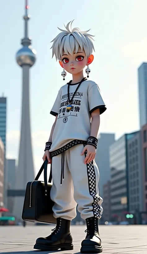 3D animation, Gothic style,  boy, white hair, red eyes, white skull drop earrings, white long-sleeved t-shirt, t-shirt with English words and geometric patterns on the chest, loose cuffs, black long necklace, white sports pants, black and white checkerboar...