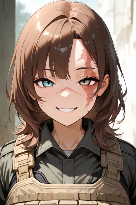 1 girl, brown medium hair, small eyes, tall, looking at viewer, smile, scar on left face, burn scar on left face, odd eye, brown right eye, grey left eye, mesugaki, tactical clothes, mature