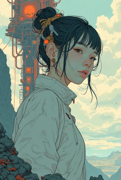  album cover inspired by AKIRA's anime poster。It depicts a girl floating in front of a red ribbon tower 。, NEVERCREW , Pixiv, Neo-Metaphorical, Art work in the style of guweiz ,  NEW VIDEO GAME COVER , Anywhere,  METAVERSE CONCEPT ART ,  Deep in the Metave...